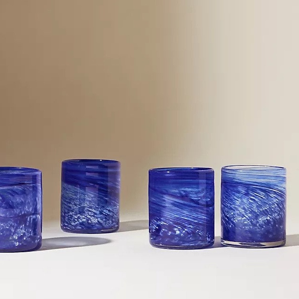 Set of 4 Anthropologie Ilaria DOF Blue Swirl Drinking Glasses